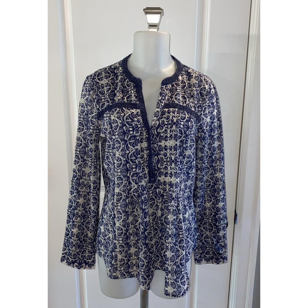 Maeve Anthropologie Pintuck Top Women's‎ Size 10/L Blue Floral Sheer Long Sleeve